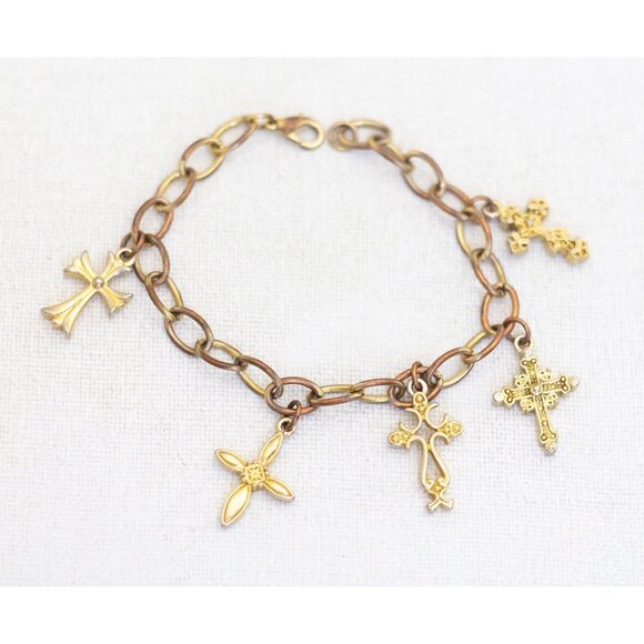 8 inch, Vintage Gold Tone Variety Cross Charms Elegant Charm Bracelet - AB2 - Picture 1 of 3